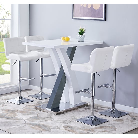 Axton High Gloss Bar Table In White Grey 4 Canyon White Stools