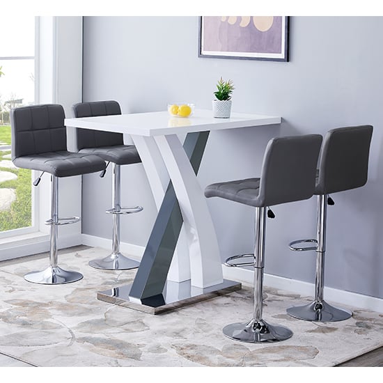 Axton High Gloss Bar Table In White Grey 4 Concord Grey Stools