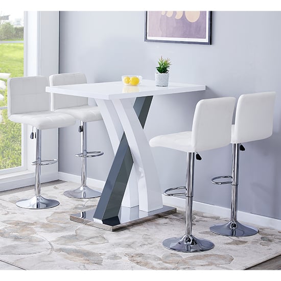 Axton High Gloss Bar Table In White Grey 4 Concord White Stools