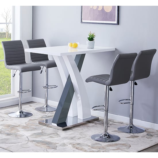 Axton High Gloss Bar Table In White Grey 4 Rifle Grey Stools