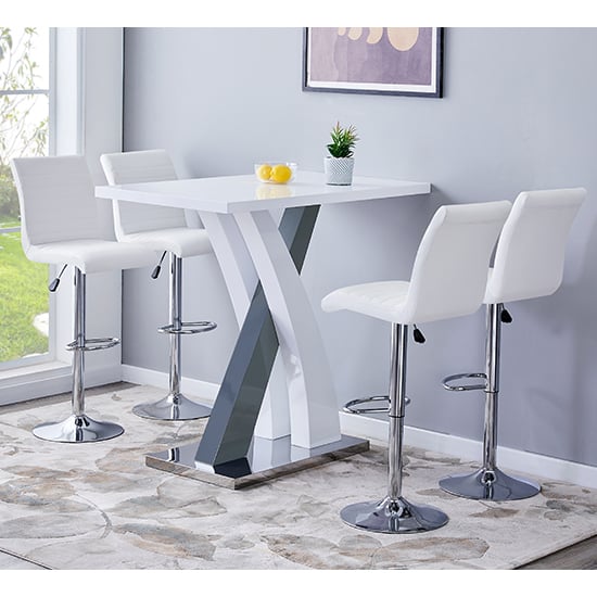 Axton High Gloss Bar Table In White Grey 4 Rifle White Stools