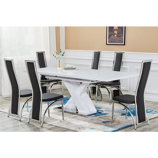 Axton Large Extending White Dining Table 6 Chickasha Black Chairs