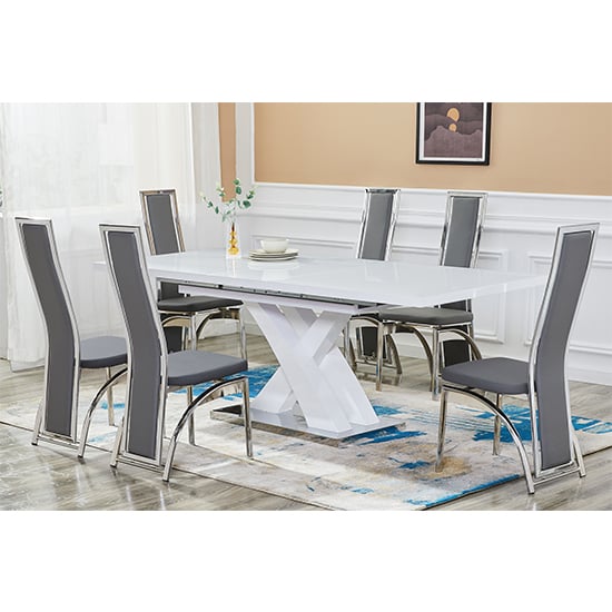 Axton Large Extending White Dining Table 6 Chickasha Grey Chairs