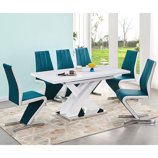 Axton Large Extending White Dining Table 6 Girona Teal Chairs