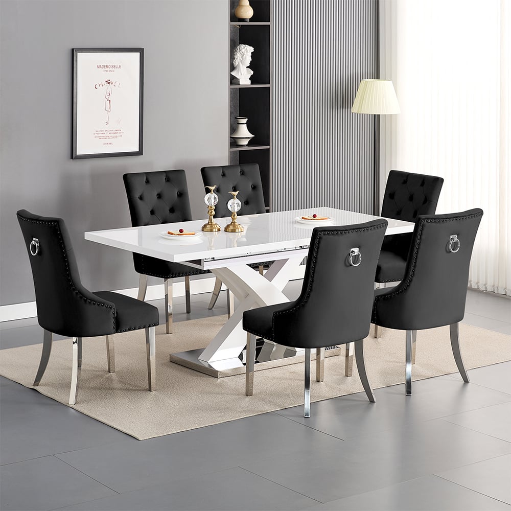 Axton Large Extending White Dining Table 6 Irvine Black Chairs