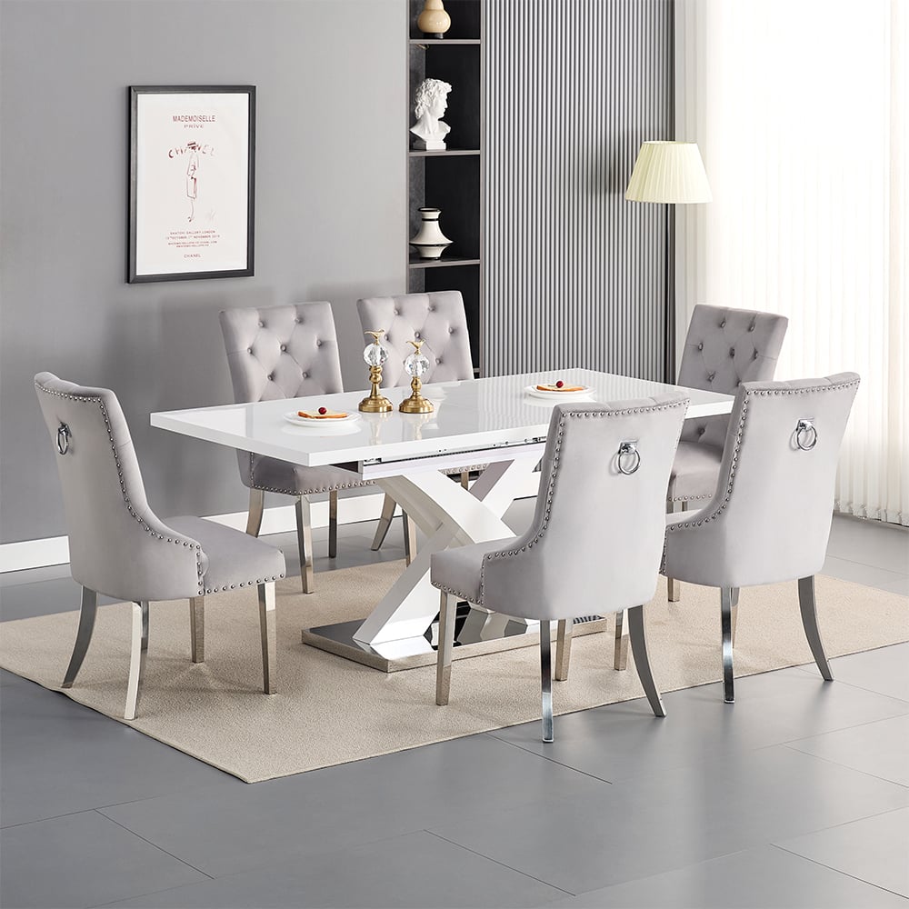 Axton Large Extending White Dining Table 6 Irvine Grey Chairs