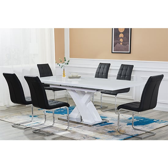 Axton Large Extending White Dining Table 6 Paradise Black Chairs