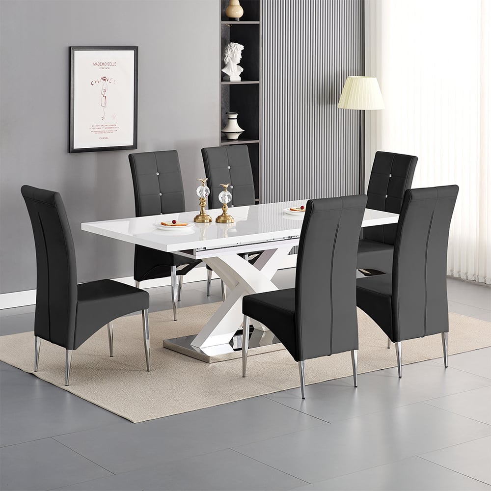 Axton Large Extending White Dining Table 6 Versilia Black Chairs