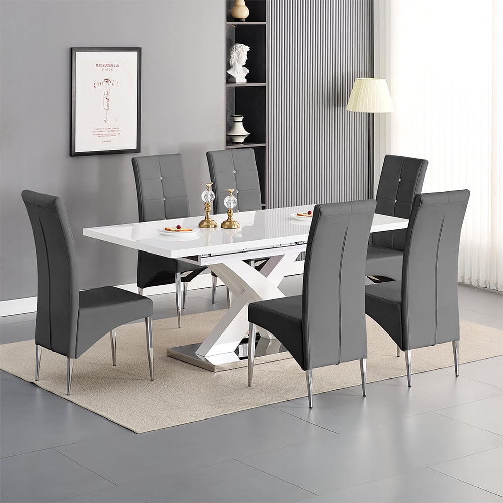 Axton Large Extending White Dining Table 6 Versilia Grey Chairs