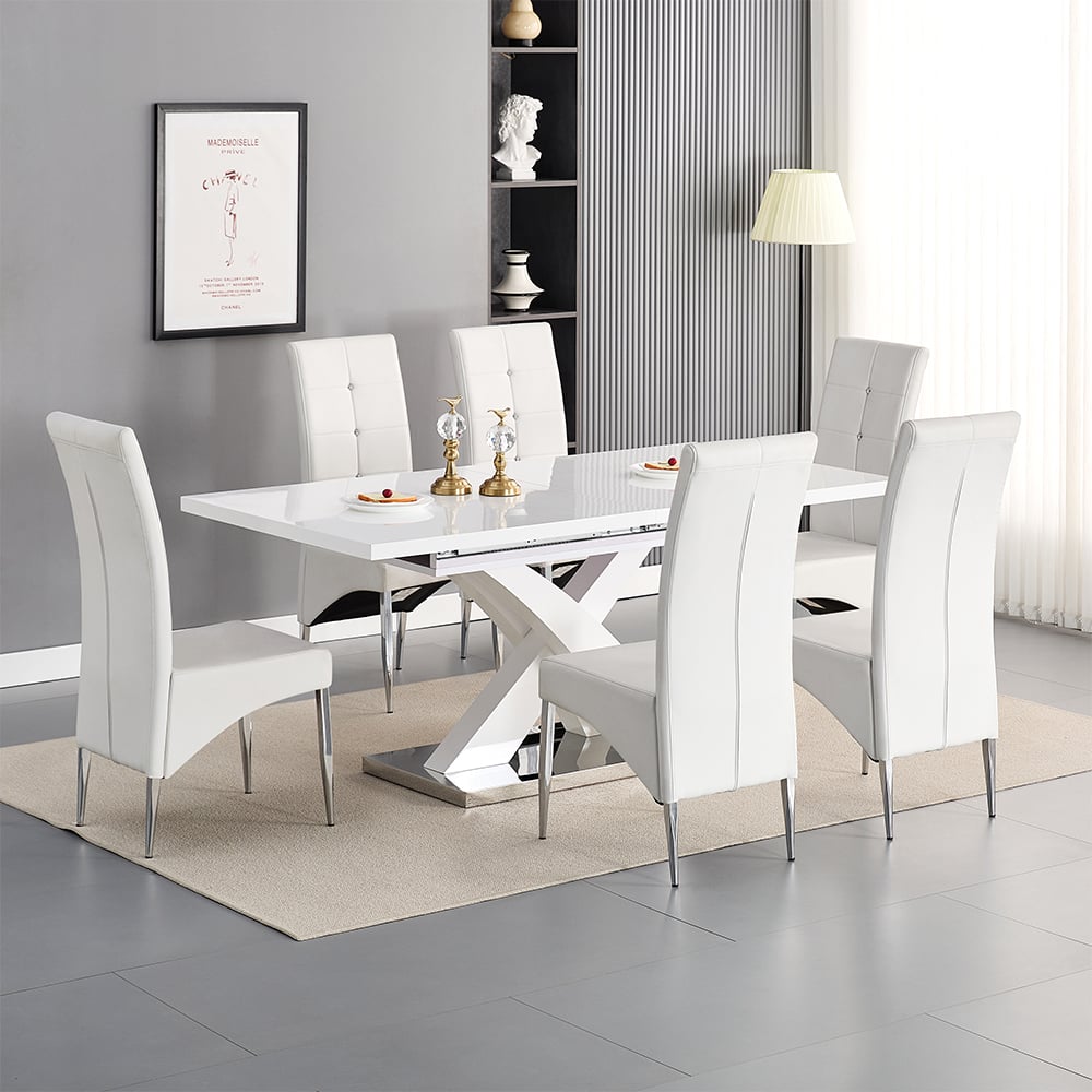 Axton Large Extending White Dining Table 6 Versilia White Chairs