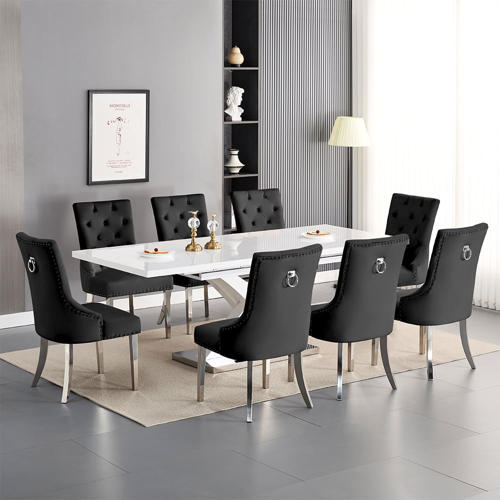 Axton Large Extending White Dining Table 8 Irvine Black Chairs