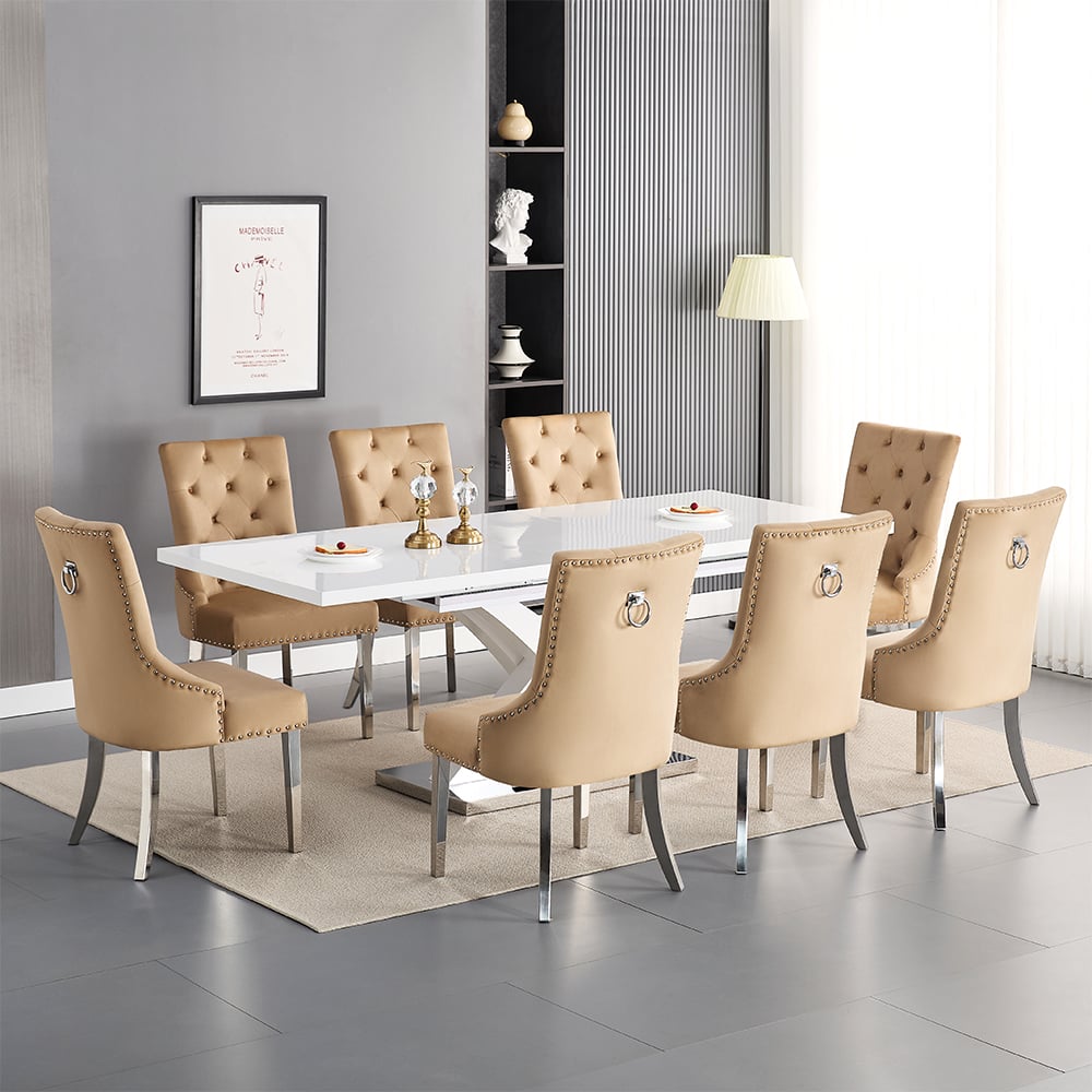 Axton Large Extending White Dining Table 8 Irvine Champagne Chairs