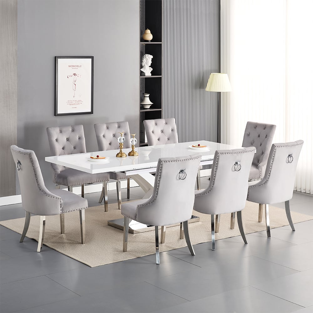 Axton Large Extending White Dining Table 8 Irvine Grey Chairs