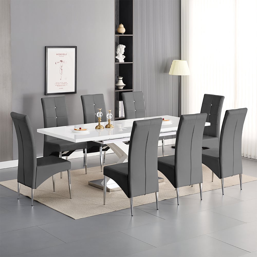 Axton Large Extending White Dining Table 8 Versilia Grey Chairs