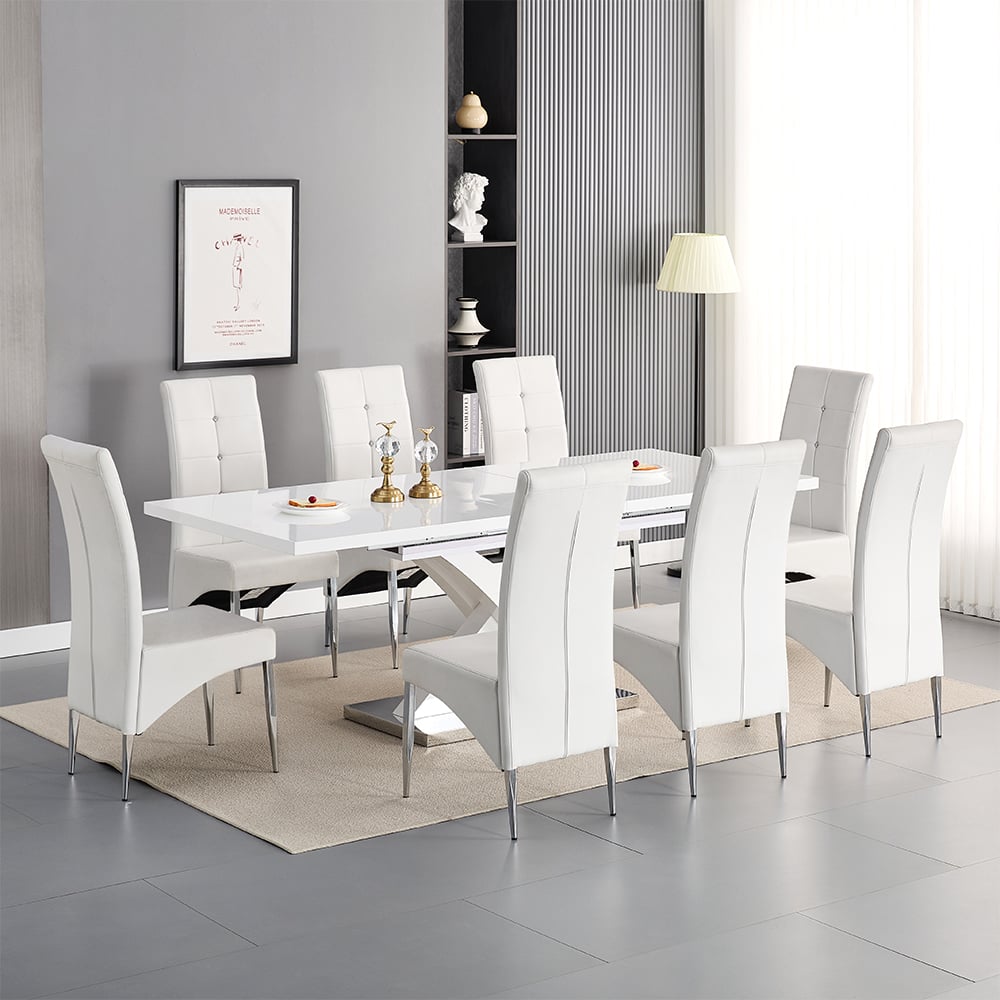 Axton Large Extending White Dining Table 8 Versilia White Chairs