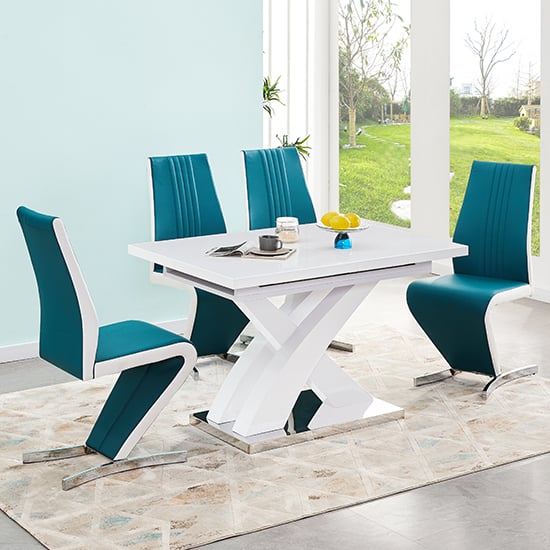 Axton Small Extending White Dining Table 4 Girona Teal Chairs