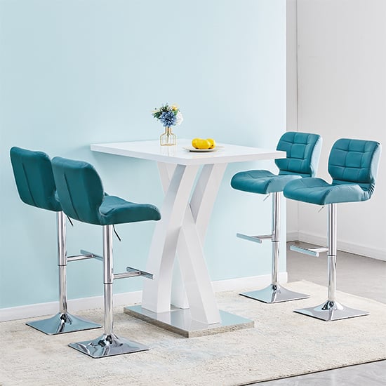 Axton White High Gloss Bar Table With 4 Canyon Teal Stools