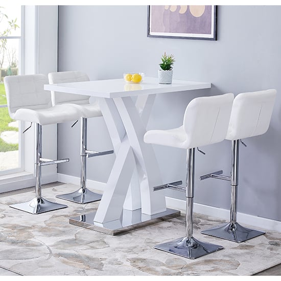 Axton White High Gloss Bar Table With 4 Canyon White Stools