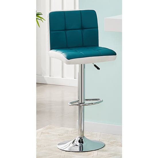 Axton White High Gloss Bar Table With 4 Cortez Teal White Stools