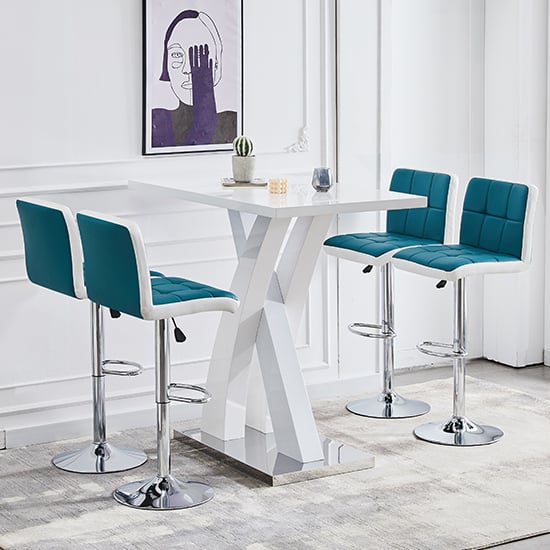 Axton White High Gloss Bar Table With 4 Cortez Teal White Stools