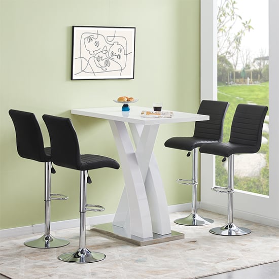 Axton White High Gloss Bar Table With 4 Rifle Black Stools