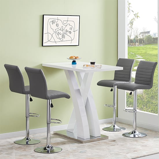 Axton White High Gloss Bar Table With 4 Rifle Grey Stools