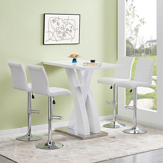 Axton White High Gloss Bar Table With 4 Rifle White Stools