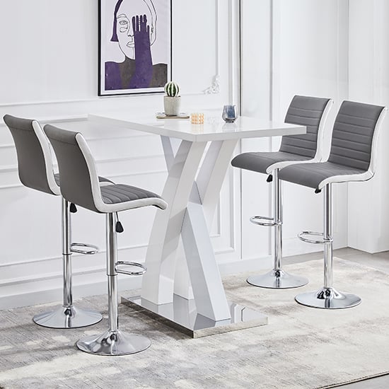 Axton White High Gloss Bar Table With 4 Riga Grey White Stools