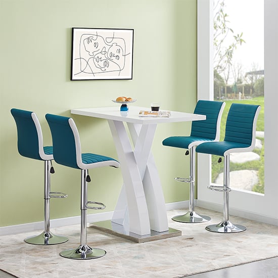 Axton White High Gloss Bar Table With 4 Riga Teal White Stools