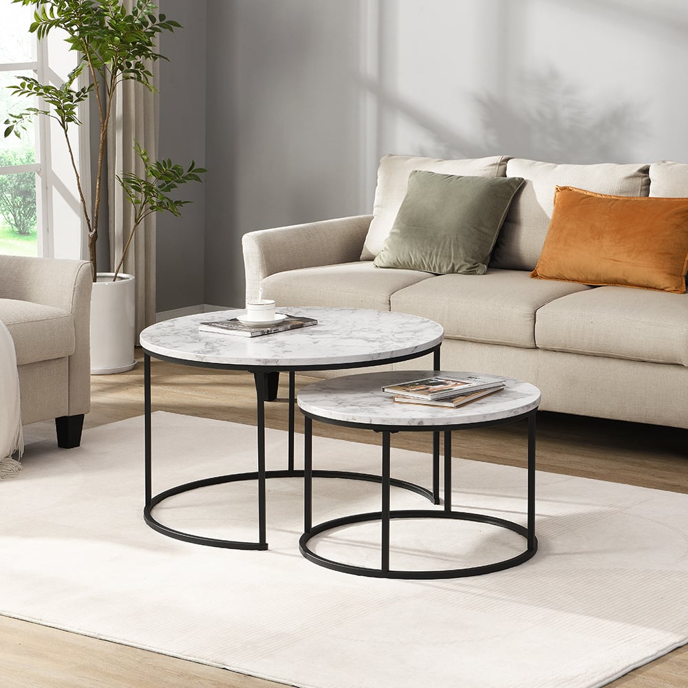 Bellport Wooden Nesting Coffee Tables In White Marble Effect