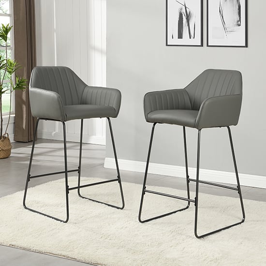 Bronx Grey Faux Leather Bar Chairs With Anthracite Legs In Pair