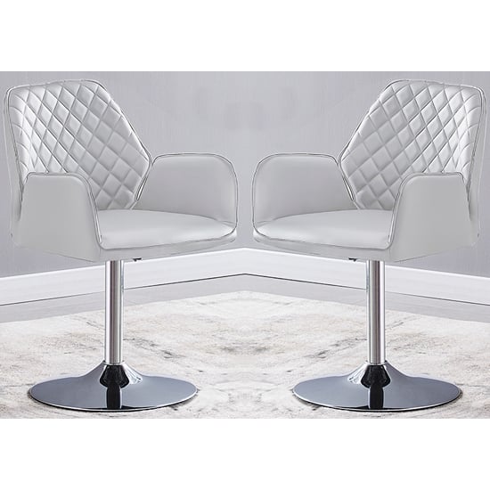 Burwell Swivel White Faux Leather Dining Chairs In Pair