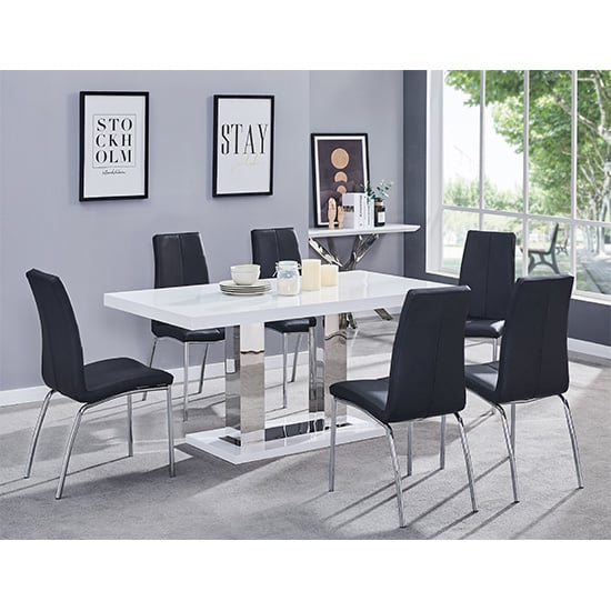 Candler White High Gloss Dining Table With 6 Opelika Black Chairs