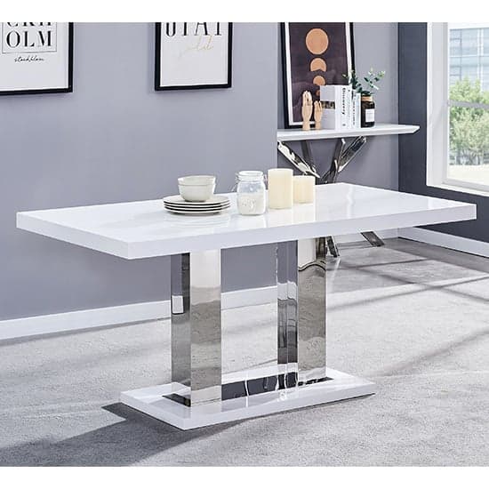 Candler White High Gloss Dining Table With 6 Opelika Grey Chairs