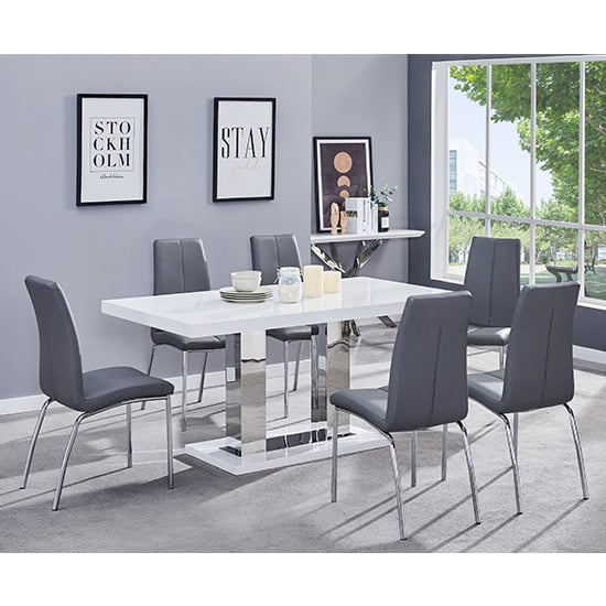 Candler White High Gloss Dining Table With 6 Opelika Grey Chairs