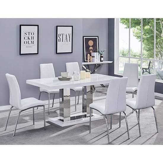 Candler White High Gloss Dining Table With 6 Opelika White Chairs