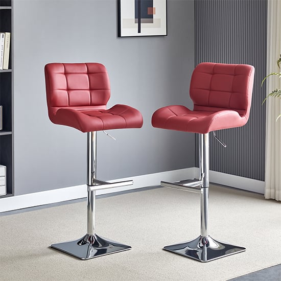 Canyon Bordeaux Faux Leather Bar Stools With Chrome Base In Pair