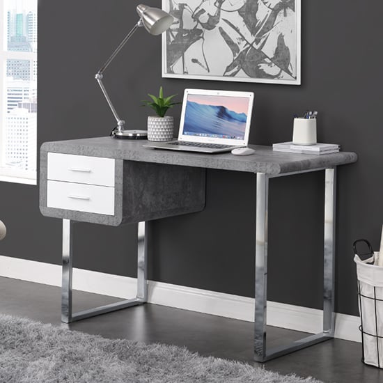 Carroll Wooden Computer Desk In Concrete Effect With Chrome Legs