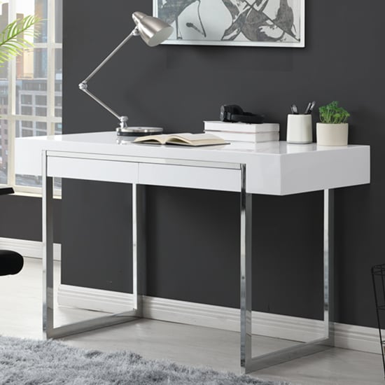 Casper High Gloss Computer Desk With 2 Drawers In White