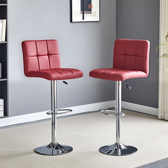 Concord Bordeaux Faux Leather Bar Stools With Chrome Base In Pair