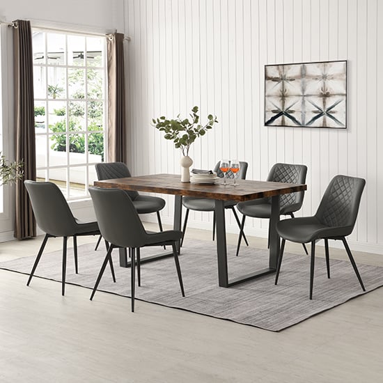 Corbin Rustic Oak Wooden Dining Table With 6 Grey Chairs