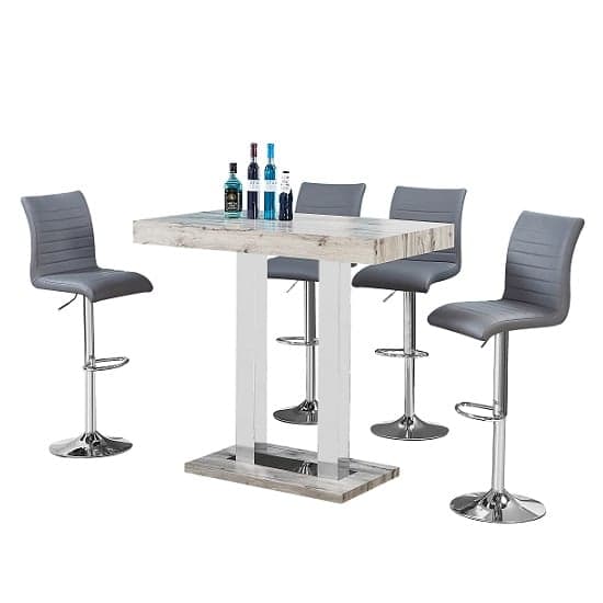 Cortina Bar Table In Grey Oak Effect With 4 Rifle Grey Stools