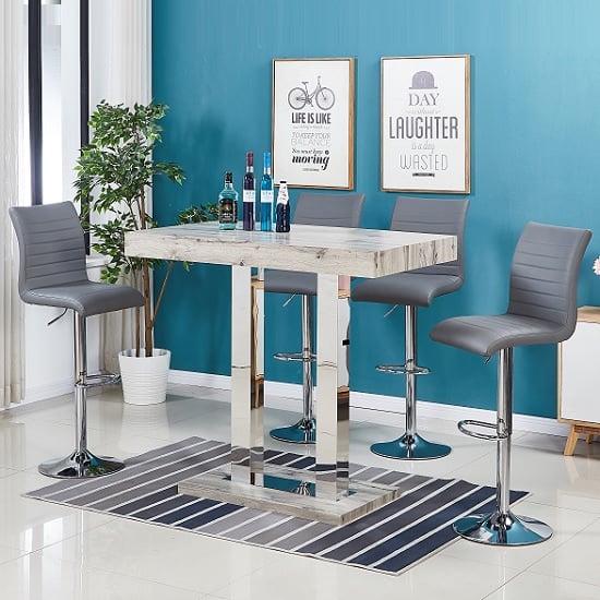 Cortina Bar Table In Grey Oak Effect With 4 Rifle Grey Stools