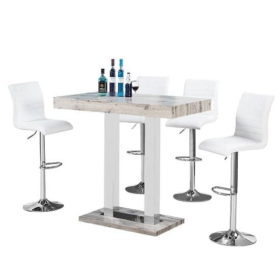 Cortina Bar Table In Grey Oak Effect With 4 Rifle White Stools