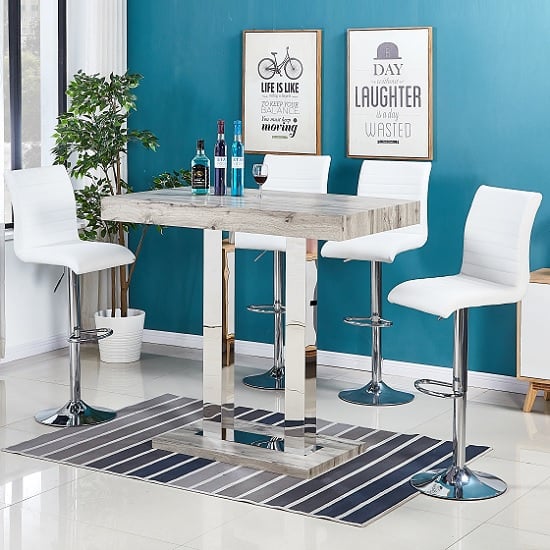 Cortina Bar Table In Grey Oak Effect With 4 Rifle White Stools