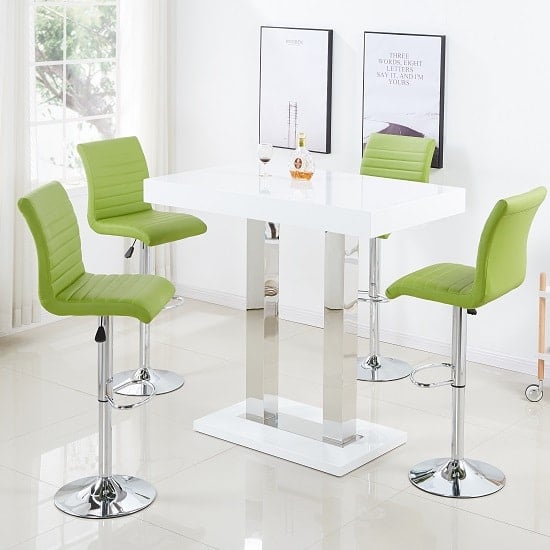 Cortina Bar Table In White Gloss And 4 Rifle Lime Green Stools