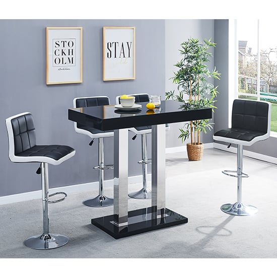 Cortina Black High Gloss Bar Table 4 Cortez Black White Stools