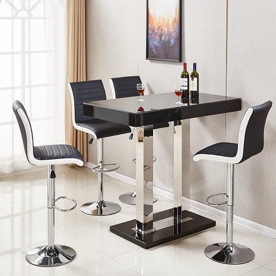 Cortina Black High Gloss Bar Table 4 Riga Black White Stools