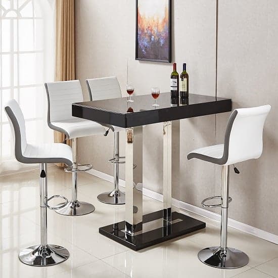 Cortina Black High Gloss Bar Table 4 Riga White Grey Stools