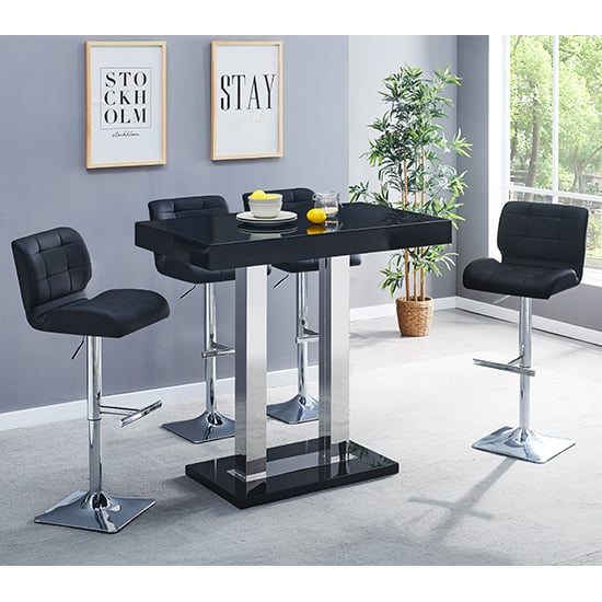 Cortina Black High Gloss Bar Table With 4 Canyon Black Stools